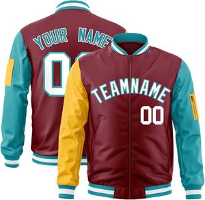 Chaqueta universitaria con cremallera Brazo izquierdo Bolsillo con cremallera Equipo personalizado Nombre Número Bordado Contraste Colores College Bomber Letterman Jacket - Product Image 1