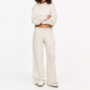 Femmes coton éponge polaire Boxy Fit sweat à capuche bas survêtement motif solide ourlet effiloché ceinture hiver saison avant Logo - Product Image 1