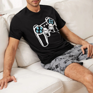 Conjunto de Pijama para Hombre con Estampado de Control de Videojuegos, Camiseta Negra y Pantalones Cortos Grises, 100% Algodón, Ropa de Dormir Informal para Verano e Invierno - Product Image 5