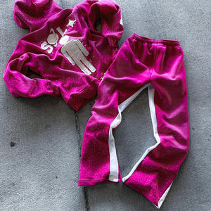 Chándal con bordado de diamantes de imitación estilo callejero Vintage para hombre, pantalones acampanados con capucha holgados transpirables, bordado desgastado - Product Image 2