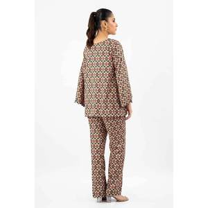 Conjunto de Traje de Lino Estampado de 2 Piezas sin Costuras para Mujer, Color Naranja - Product Image 3