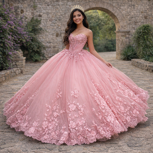 Vestidos de Quinceañera Jancember 5957 Glitter Sweetheart <span class=keywords><strong>Rosa</strong></span>, Estilo <span class=keywords><strong>Imperio</strong></span> con Flores 3D - Product Image 1