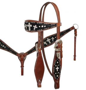 Harnais de tête et de poitrail pour cheval en cuir de haute qualité, durable, de style western, avec clous et motifs en relief - Product Image 1