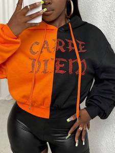 Sudadera con Capucha para Mujer, Diseño de Dos Tonos con Pedrería, Lavado Ácido, Estampado, 100% Algodón, Naranja y Negro, Estilo Urbano, Diseño de Letras Brillantes, Informal - Product Image 4