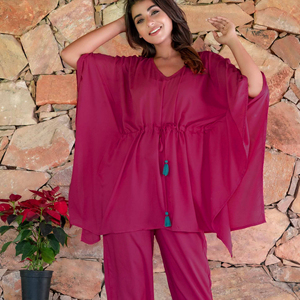 Kaftán informal de manga corta de color sólido para mujer con pantalón, novedad - Product Image 2