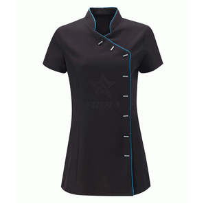 Conjuntos de uniformes elegantes para mujer, mezcla de algodón y mezclilla, para uso hospitalario, spa y belleza, túnica de manga corta, ropa de trabajo, con detección de agujas, sin costuras - Product Image 4