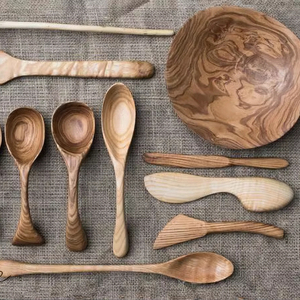 Juego de utensilios de cocina de madera de teca natural o acacia para mezclar con soporte para cuchara Juego de cucharas de cocina de madera y soporte para utensilios - Product Image 1