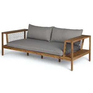 Outdoor Sofa Three Seat Teak Wood Net Rope Patio Garden Yard - Baqiya