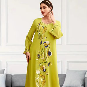 Nuevo vestido islámico elegante y digno para mujer con cuentas bordadas impresas Abaya verde claro vestido estampado con cuello levantado - Product Image 1