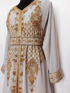 Moderno marroquí gris Kaftan SunProof bordado Hijab cuello alto manga completa modesto vestido islámico Georgette tela ODM - Product Image 4