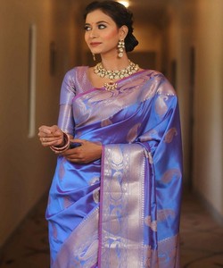 BOLLYWOOD BANARASI TRABAJO DE TEJIDO DE SEDA SAREE CON BLUSA SIN COSTAR ROPA DE BODA PRECIO AL POR MAYOR ROPA ÉTNICA AZUL OSCURO - Product Image 5