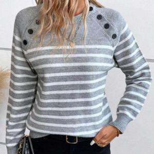 Suéter de Punto a Rayas para Mujer, Diseño Nuevo, Jersey con Botones en los Hombros - Product Image 5