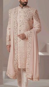 2024 élégant marié rose Sherwani Zari broderie soie tissu personnalisé étole embelli cristal verre perles fermeture éclair mouche grande taille - Product Image 2