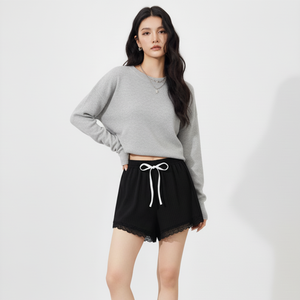 <b>Women</b> High Waist Ribbed Knit Lace Trim Elastic Waist Breathable Quick Dry Spandex/Polyester Homewear Sleep Casual <b>Shorts</b> - Product Image 1