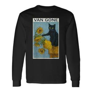 T-Shirt a Maniche Lunghe con il Famoso Quadro di Van Gogh 'Gatto Nero con Girasoli', Abbigliamento Promozionale Premium per Amanti dei Gatti - Product Image 1