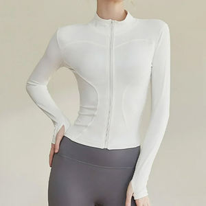 Veste de yoga à manches longues, coupe ajustée, fermeture éclair complète, veste de yoga respirante à séchage rapide, couleur blanche unie - Product Image 4