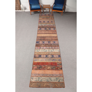 Tapis vintage, petit tapis turc de 2,9 x 13,5 pieds, tapis géométrique patchwork marron arc-en-ciel - Product Image 1