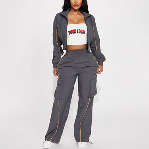 Venta al por mayor de las mujeres 100% de nylon de gran tamaño chándal personalizado serigrafiado recortado cremallera chaqueta pantalones conjunto sólido para el invierno - Product Image 6