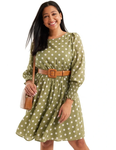 ชุดเดรสลายจุดเซ็กซี่ ปี 2026 คอกลม แขนยาว แต่งปลายแขนจับจีบ พร้อมเข็มขัดรัดเอวแบบยืดหยุ่น - Product Image 1