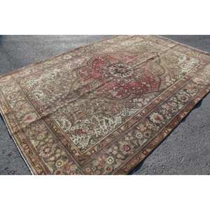 Vintage Turkish Rug Classic <b>Red</b> Beige 7.8x11.4ft Large Area Patchwork Pattern <b>Wool</b> Latex Backed 10mm Thickness Model Room Rug - Product Image 4