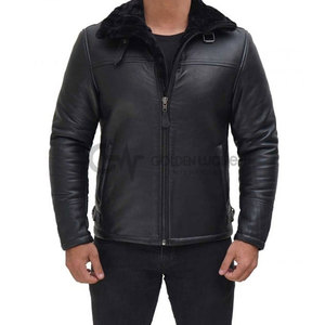 Chaqueta de cuero de bombardero de piel de oveja de alta calidad, abrigo cálido de piel de oveja genuina con tela de lona de lana gruesa, MOQ bajo - Product Image 5