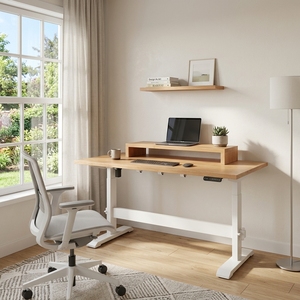 Bureau debout réglable en teck massif avec étagère surélevée pour moniteur, cadre en acier blanc, table de travail ergonomique moderne pour bureau à domicile - Product Image 2
