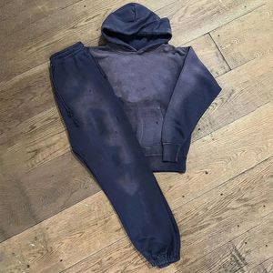 Ropa de calle personalizada, chándal lavado con ácido, sudaderas con cremallera, chándal lavado con ácido, parche desgastado, conjunto de pantalones de chándal acampanados y Sudadera con capucha - Product Image 1