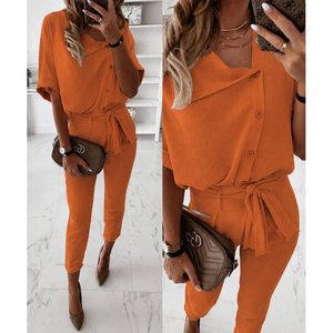 Women's Short Sleeve Collared Front Buttoned Crinkle Blouse and <b>Trousers</b> Two-Piece Set, 34914 - Orange - Product Image 1