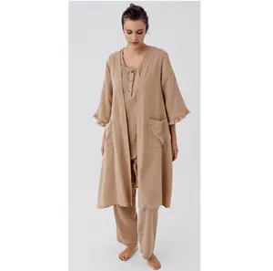 Custom Sleep Robe 3 Pcs Pajamas Set Lounge Wear Half Sleeve Night Wear Women's Sleepwear Muslin Home Wear Spaghetti Strap Beige