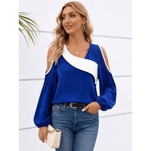 Blouse Janjan en crêpe bicolore à manches longues, décolleté asymétrique et détails sur les épaules, 38443 - Saks Mavi - Product Image 1