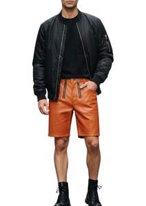 Pantalones Cortos de Cuero Genuino Personalizados para Hombre con Bolsillos Delanteros Dobles con Cremallera, Corte Ajustado, Modernos y Casuales - Product Image 4