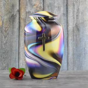 Urna de cremación de tendencia grabada a mano con una cruz de Jesús en el centro, terminada en esmalte naranja. Suministros de urnas elegantes para adultos - Product Image 4