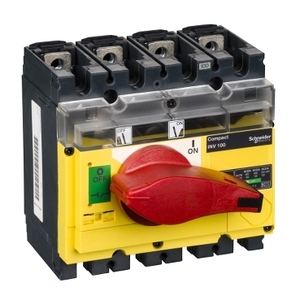 Sezionatore Semplice Schneider Electric Compact INV100 con Interruzione Visibile, 100 A, Maniglia Rotante Rossa, Frontale Giallo - Product Image 1