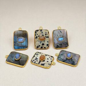 Rectángulo hecho a mano rebanada plata bisel colgante piedra preciosa Natural chapado en oro 925 Plata bisel encantos hecho a mano doble piedra colgante - Product Image 1