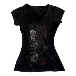 Women Vintage Cotton Tees Short Sleeve V-neck Goth <strong>Tops</strong> <strong>Emo</strong> Streetwear Summer - Product Image 1