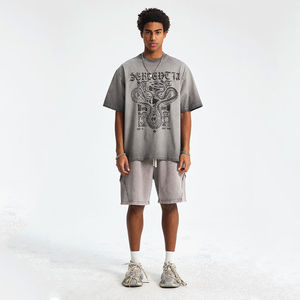 T-shirt pour homme à col en V, imprimé rétro, anti-froissement, respirant, couleur unie, coupe ample, trous, vieux lavage, 100% coton - Product Image 4