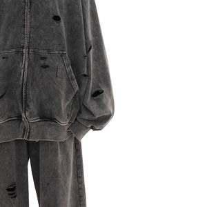 Ropa de calle personalizada para hombre, conjunto de chándal desgastado lavado con ácido, 100% algodón, cremallera, Sudadera con capucha, pantalón acampanado, chándal estampado, Invierno - Product Image 3