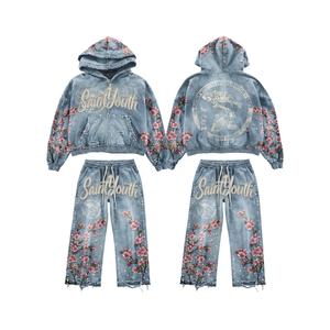 Manufacturers Custom Cropped Distressed Zip Up Sweatsuit <b>Rhinestone</b> Streetwear Tracksuit Baggy Flared Sweatpants And Hoodie Sets - Product Image 1