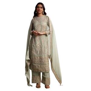 Traje de organza azul menta Palazzo con bordado Zari y Moti, venta al por mayor, mujeres étnicas, fábrica de ropa OEM, proveedor a granel, moda - Product Image 3