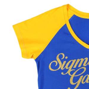 Sigma Gamma Rho SGRho Camiseta con cuello en V Royal Blue Gold 100 Cotton Printed Script Bordado Crest Sorority Greek Life Shirt - Product Image 2