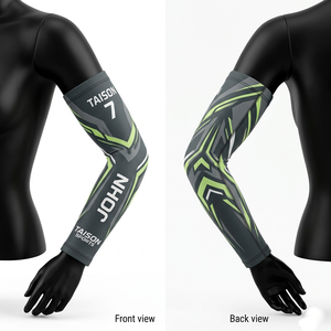 ปลอกแขนฟุตบอลหญิง พรีเมียม GSM โพลีเอสเตอร์ผสมสแปนเด็กซ์ ผ้าระบายอากาศดี สีเขียวอมม่วง ดีไซน์แผงสี  พร้อมสกรีนโลโก้แบบซับลิเมชั่นตามสั่ง - Product Image 2