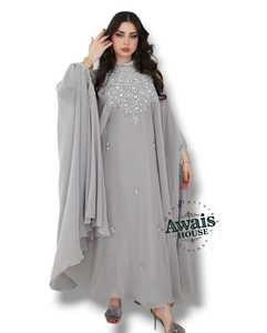 ชุดเดรสชีฟอง 2 ชิ้นสำหรับผู้หญิงมุสลิม ขายส่ง ผ้าโพลีเอสเตอร์ 100% ปักเลื่อมคริสตัล คอวี แขนยาว ทรงเอ เรียบง่าย - Product Image 4