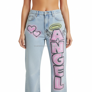 Pantalones Vaqueros de Moda Urbana Y2K para Mujer - Pantalones de Mezclilla de Pierna Recta con Estampado de Ángel Rosa - Product Image 4