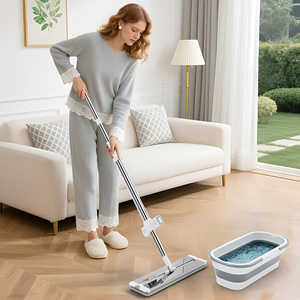 ชุดถังปั่นม็อบหมุนได้ 360 องศา แบบสองระบบ พร้อมด้ามจับยืดหดได้ ผ้าม็อบแบบใช้ซ้ำได้ 6 ชิ้น สำหรับทำความสะอาดแบบแห้งและเปียก พร้อมที่บิดม็อบในตัว - Product Image 2