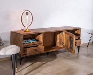 Meuble TV ethnique 175cm en acacia massif avec pieds en métal noir Membatu - Product Image 5