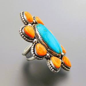 Turquoise Spiny Oyster Sterling Silver Huge Cluster Ring Natural Gemstone Trendy Women's Gift for Wedding Birthday Anniversary - Product Image 4