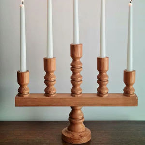 Crafted Rustic <b>Pine</b> Wood Menorah 5 Branch <b>Candle</b> Holder Tabletop Centerpiece Traditional Religious Candelabra Holiday Home Decor - Product Image 1