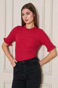 เสื้อถักแขนสั้นมีระบายสำหรับผู้หญิงเสื้อยืดเสื้อถักระบายมีสไตล์ระบายอากาศได้สวมใส่สบาย - Product Image 2