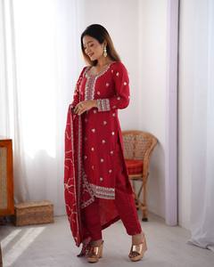 Red Salwar Kameez Dupatta, Pakistani <b>Indian</b> Outfit Dresses, Straight <b>Trouser</b> Kurtis Pant Suits, Gift For Her - Product Image 3