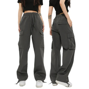 Pantalones Cargo Grises para Mujer, 100% Algodón, Corte Holgado, Cintura Media, Cordón Elástico, Largos, Estilo Casual, Color Sólido - Product Image 1